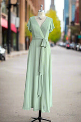 Mint Green Sheath Floor Length Short Sleeves V-Neck Chiffon Bridesmaid Dresses