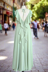 Mint Green V Neck Flutter Sleeve Backless Plus Size Bridesmaid Dresses