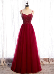 Modern Burgundy Tulle Spaghetti Straps Beading Prom Dresses