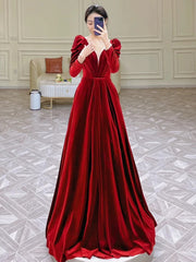 Modest A Line Long Sleeves Red Satin Evening Dresses Prom Dresses