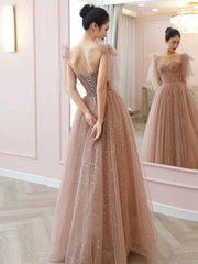 Modest A Line Spaghetti Straps Tulle Pink Evening Dresses Prom Dresses