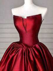 Modest Ball Gown Strapless Burgundy Satin Floor Length Evening Dress Prom Dresses