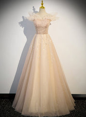 Modest Champagne Tulle Sequins Off the Shoulder Prom Dresses