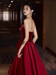 Modest Mermaid Sweetheart Burgundy Floor Length Evening Dresses Sequin Prom Dresses