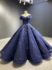 Navy Blue Ball Gown Lace Off the Shoulder Prom Dresses