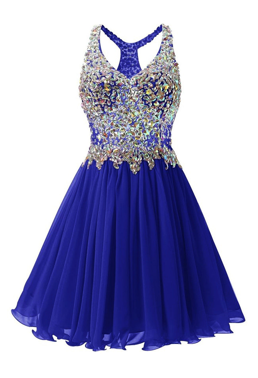 Navy Blue Chiffon Crystal Homecoming Dress