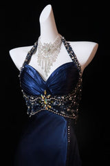 Navy Blue Halter Beaded Prom Dresses Long Evening Dresses