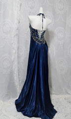 Navy Blue Halter Beaded Prom Dresses Long Evening Dresses