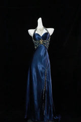 Navy Blue Halter Beaded Prom Dresses Long Evening Dresses