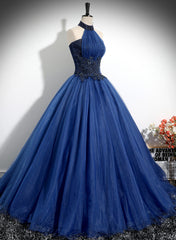 Navy Blue High Neckline Tulle Long Formal Dress, Navy Blue Ball Gown Party Dress