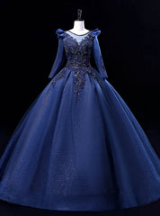 Navy Blue Long Sleeve Beading Sequins Quinceanera Dresses