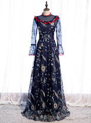 Navy Blue Long Sleeve Embroidery High Neck Prom Dresses