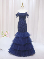 Navy Blue Mermaid Tulle Beading Off the Shoulder Prom Dresses