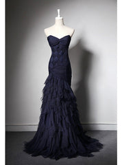 Navy Blue Mermaid Tulle Strapless Pleats Prom Dresses