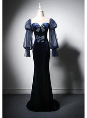 Navy Blue Mermaid Velvet Long Sleeve Prom Dresses