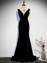 Navy Blue Mermaid Velvet See Through V-neck Prom Dresses