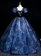 Navy Blue Puff Sleeve Beading Quinceanera Dresses