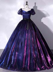 Navy Blue Purple Tulle Puff Sleeve Quinceanera Dress