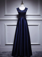 Navy Blue Satin Appliques Beading V-neck Prom Dresses