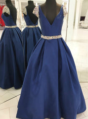 Navy Blue Satin Deep V--neck Backless Cap Sleeve Beading Prom Dresses