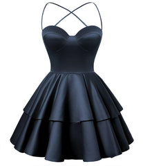 Navy Blue Satin Homecoming Dress Sweetheart Neck Tiered Short Graduation Dresses