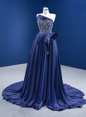 Navy Blue Satin Strapless Beading Crystal Prom Dresses With Split