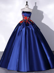 Navy Blue Satin Strapless Embroidery Appliques Quinceanera Dresses