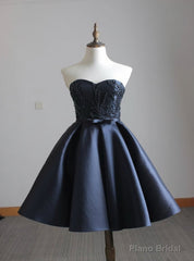 Navy blue satin sweetheart beaded short party dresses for teens