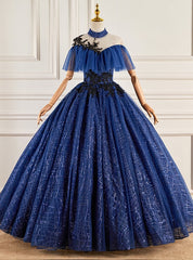 Navy Blue Sequins High Neck Appliques Beading Quinceanera Dresses