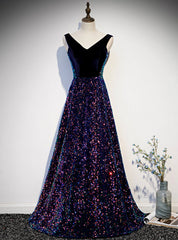 Navy Blue Sequins V-neck Backless Prom Dresses