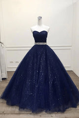 Navy Blue Shiny Tulle Beaded Long Party Dress Sweetheart Tulle Prom Dress prom dresses shops