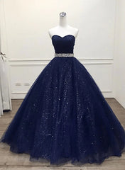 Navy Blue Shiny Tulle Beaded Long Party Dress Sweetheart Tulle Prom Dress prom dresses shops