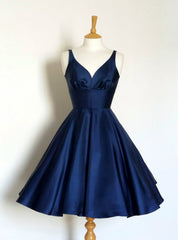 Navy blue Short Fashion Party Dress V neck A Line Prom Dress Backless Homecoming Dresses