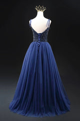 Navy Blue Tulle Beads Long A-Line Prom Dresses, Elegant Spaghetti Strap Backless Evening Dresses