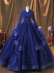 Navy Blue Tulle Long Sleeve Appliques Beading Quinceanera Dresses