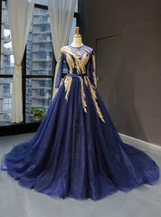 Navy Blue Tulle Long Sleeve Backless Haute Couture Prom Dresses With Beading Sequins