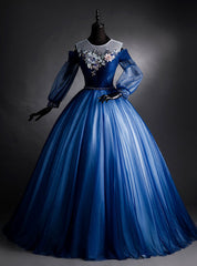 Navy Blue Tulle Long Sleeve Backless Quinceanera Dresses