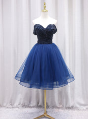 Navy Blue Tulle Off the Shoulder Beading Homecoming Dresses