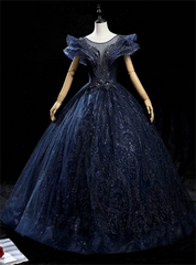 Navy Blue Tulle Sequins Appliques Quinceanera Dresses