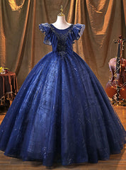 Navy Blue Tulle Sequins Beading Quinceanera Dresses