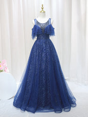 Navy Blue Tulle Sequins Beading Sleveless Prom Dresses