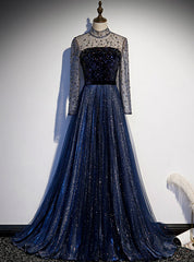 Navy Blue Tulle Sequins High Neck Long SLeeve Beading Prom Dresses