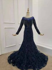 Navy Blue Tulle Sequins Long Sleeve Beading Prom Dresses