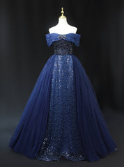 Navy Blue Tulle Sequins Off the Shoulder Beading Prom Dresses