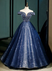 Navy Blue Tulle Sequins Off the Shoulder Beading Quinceanera Dresses