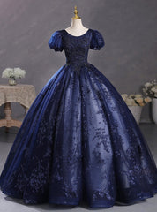 Navy Blue Tulle Sequins Puff Sleeve Beading Quinceanera Dresses