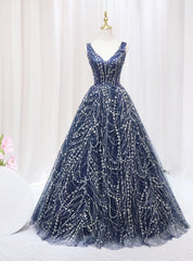 Navy Blue Tulle Sequins V-neck Prom Dresses