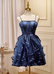 Navy Blue Tulle Spaghetti Straps Pearls Homecoming Dresses