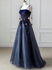 Navy Blue Tulle Spaghetti Straps Prom Dresses