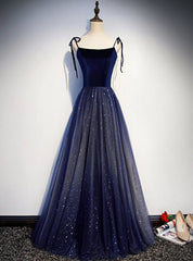 Navy Blue Tulle Spaghetti Straps Sequins Prom Dresses